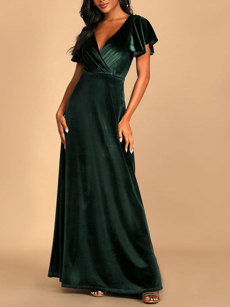 A-line V Neck Short Sleeves Zipper Floor-Length formal dresses evening gown Prom Dress
